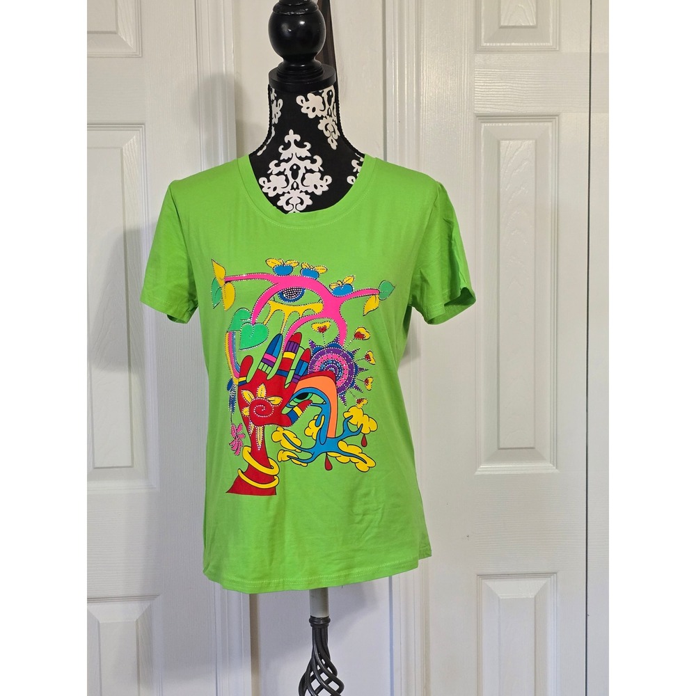 Nali Collection Graphic Tee Lime Green LXL Cotton‎ Blend Funky Art Print